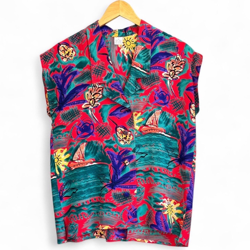Vintage 100% Silk Tropical Print Blouse Red Cap Sleeve Button Front Size 8